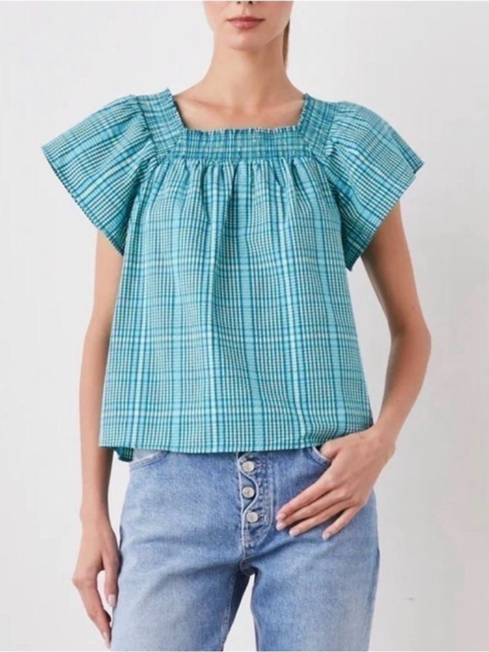 Rails Sonora teal mini check seersucker plaid top Small flutter sleeve Summer